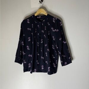 Madewell Tunic Blouse Blue-Black  Background & Purple Floral Print Size Small